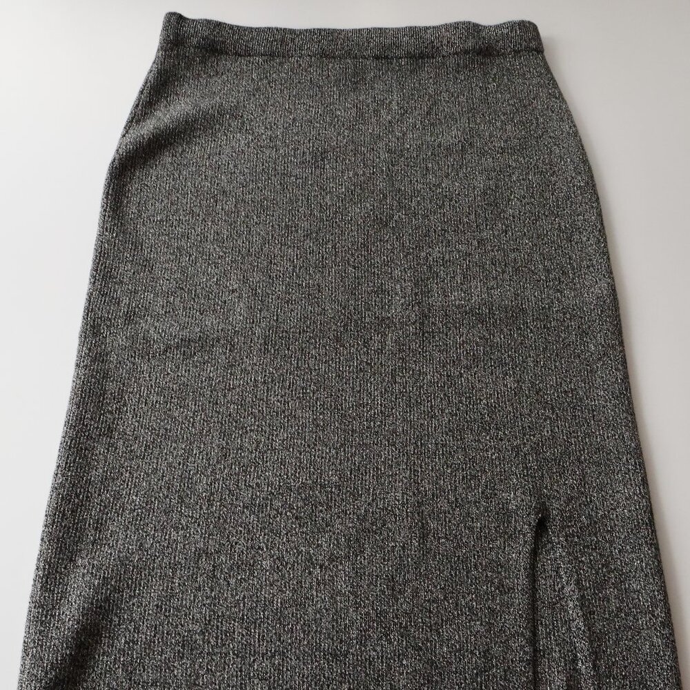 A New Day Sparkly Knit Gray/Silver Pencil Skirt L Mid-Calf w/ Slit